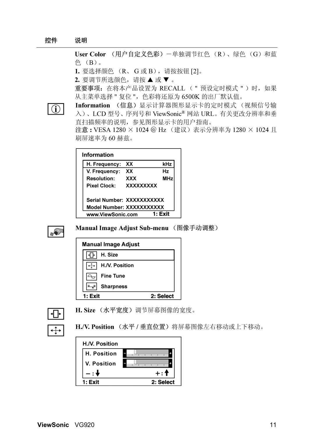 ViewSonic VG920 manual Manual Image Adjust Sub-menu （图像手动调整）, Position （水平 / 垂直位置）将屏幕图像左右移动或上下移动。 