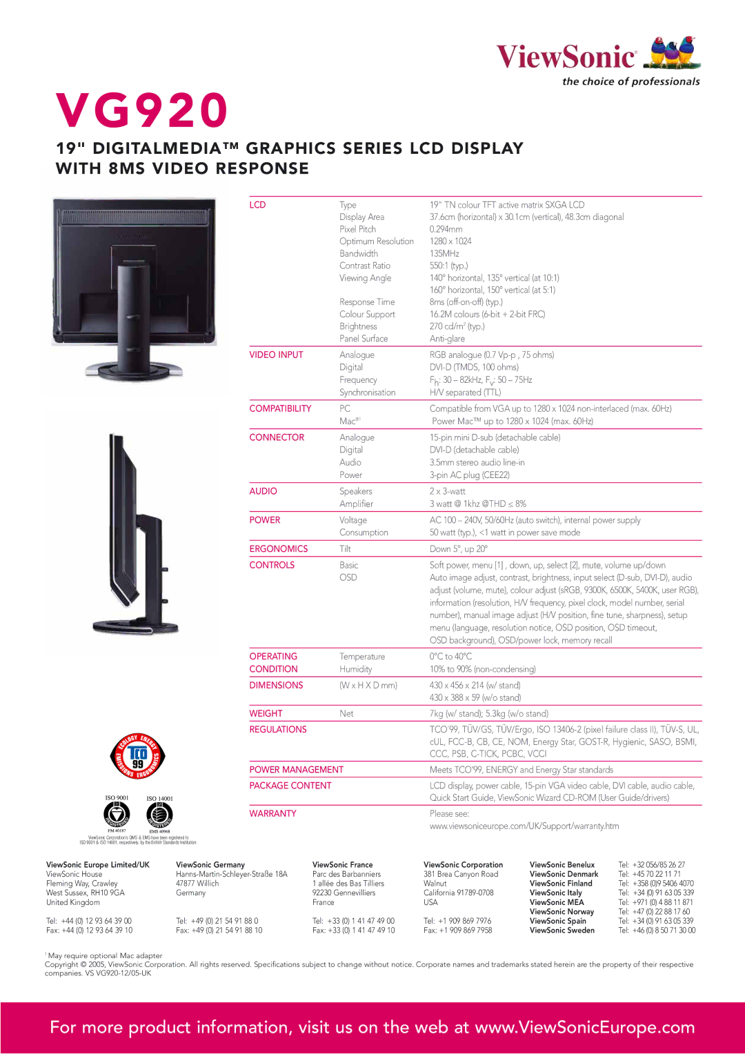 ViewSonic VG920 manual Lcd, Video Input, Compatibility, Connector, Audio, Power, Ergonomics, Controls, Operating, Condition 