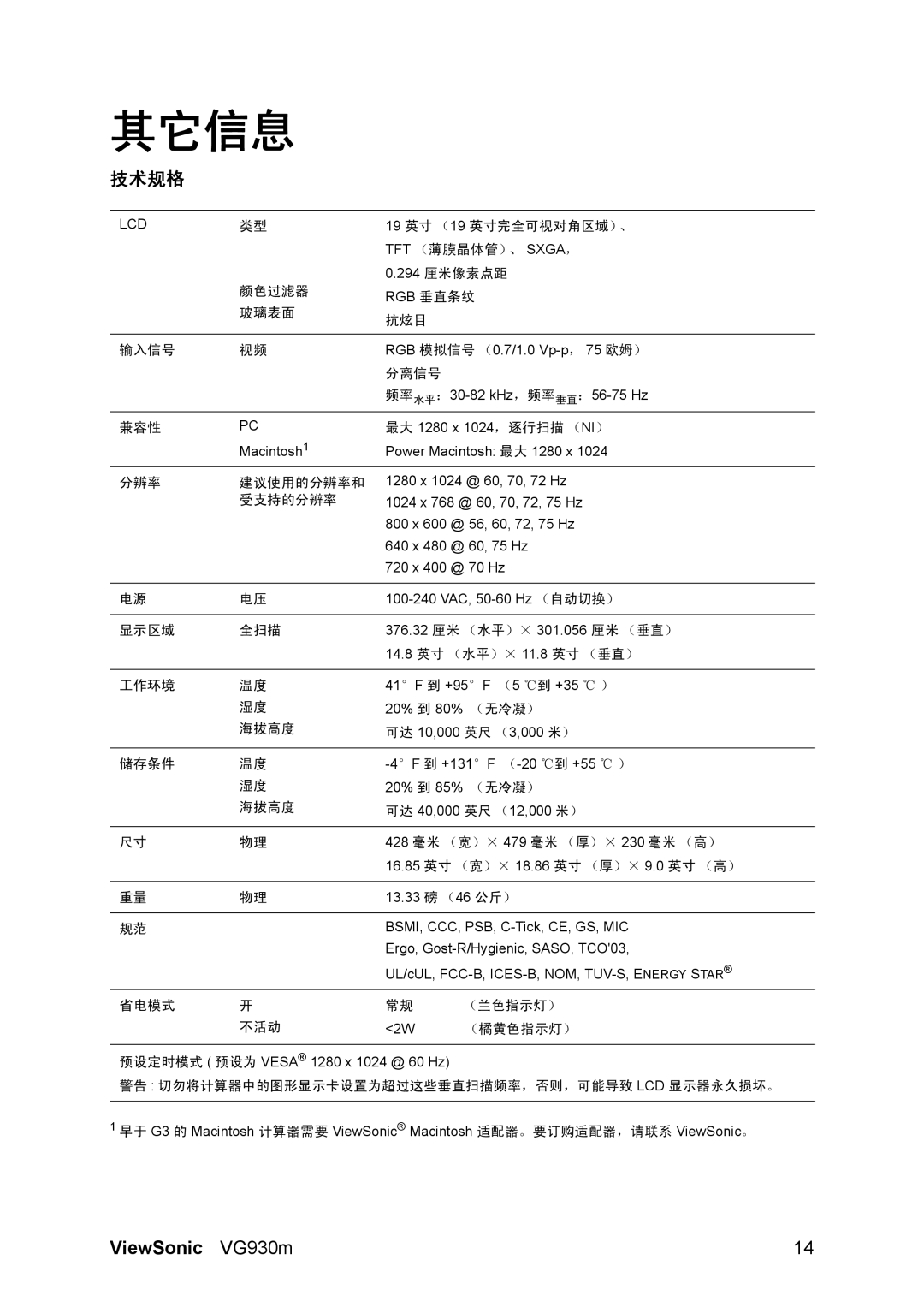 ViewSonic VS11369, VG930m manual 其它信息, 技术规格 