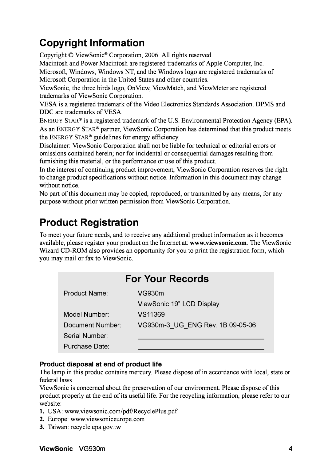 ViewSonic VG930m Copyright Information, Product Registration, For Your Records, Product disposal at end of product life 
