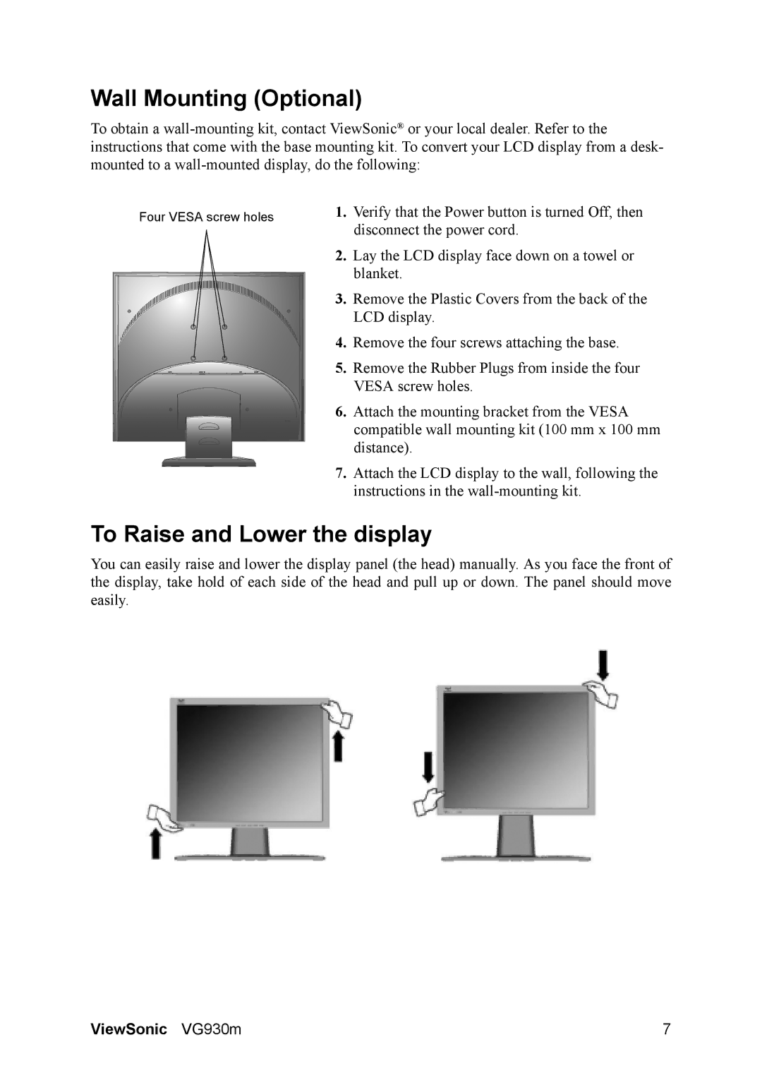 ViewSonic VG930m manual Wall Mounting Optional, To Raise and Lower the display 