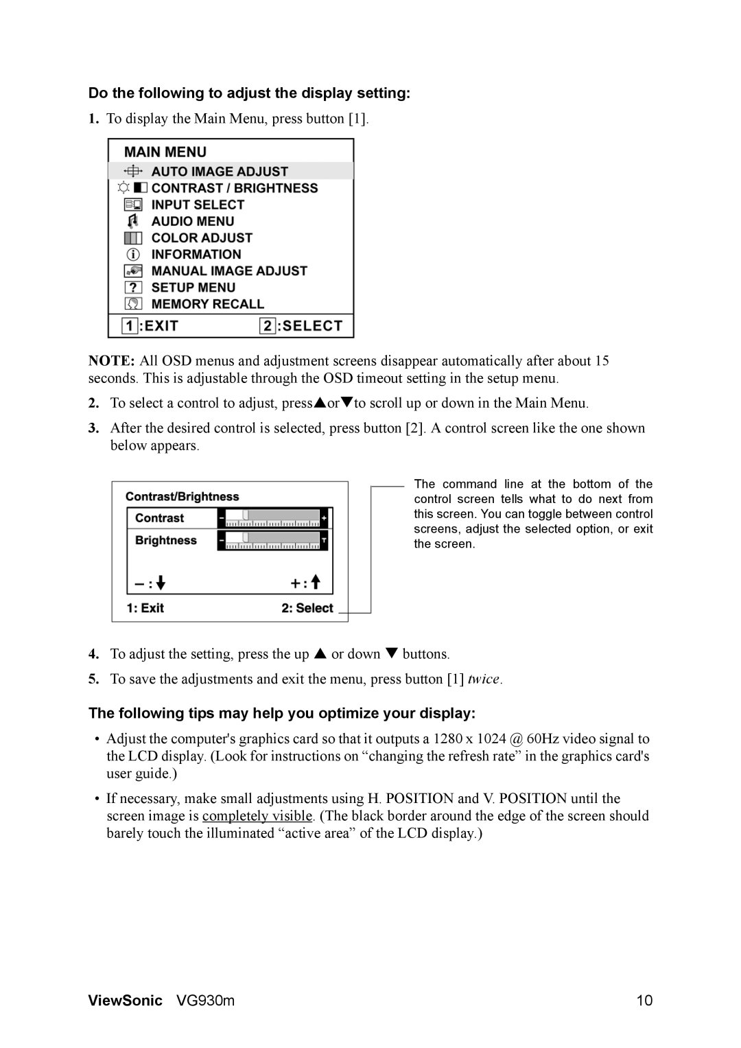 ViewSonic VG930m manual Do the following to adjust the display setting, Following tips may help you optimize your display 