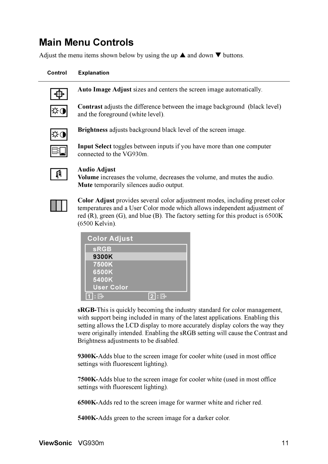 ViewSonic VG930m manual Main Menu Controls, Audio Adjust 