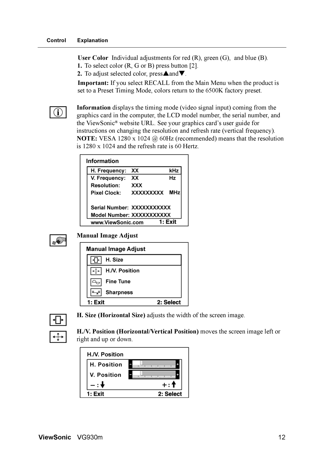 ViewSonic VG930m manual Manual Image Adjust 