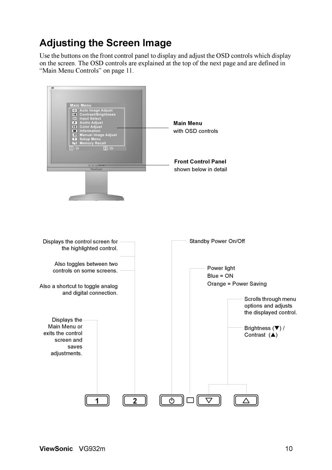 ViewSonic VG932M warranty Adjusting the Screen Image, Front Control Panel 