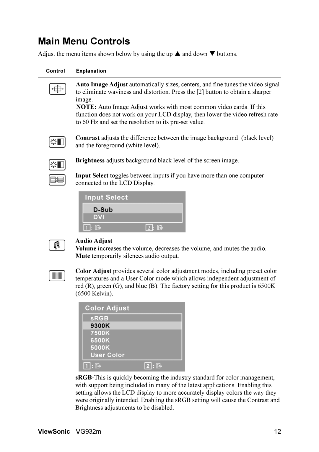 ViewSonic VG932M warranty Main Menu Controls, Audio Adjust 