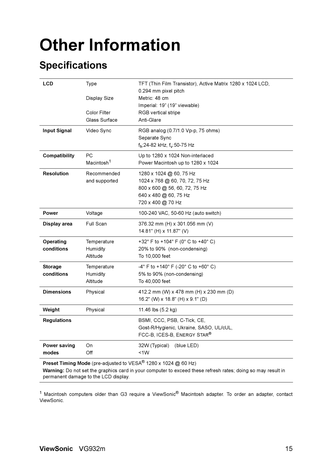 ViewSonic VG932M warranty Other Information, Specifications 