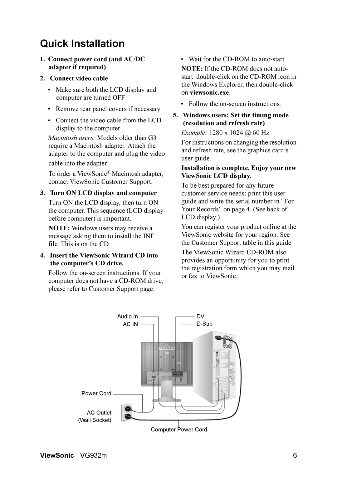 ViewSonic VG932M warranty Quick Installation, Turn on LCD display and computer 