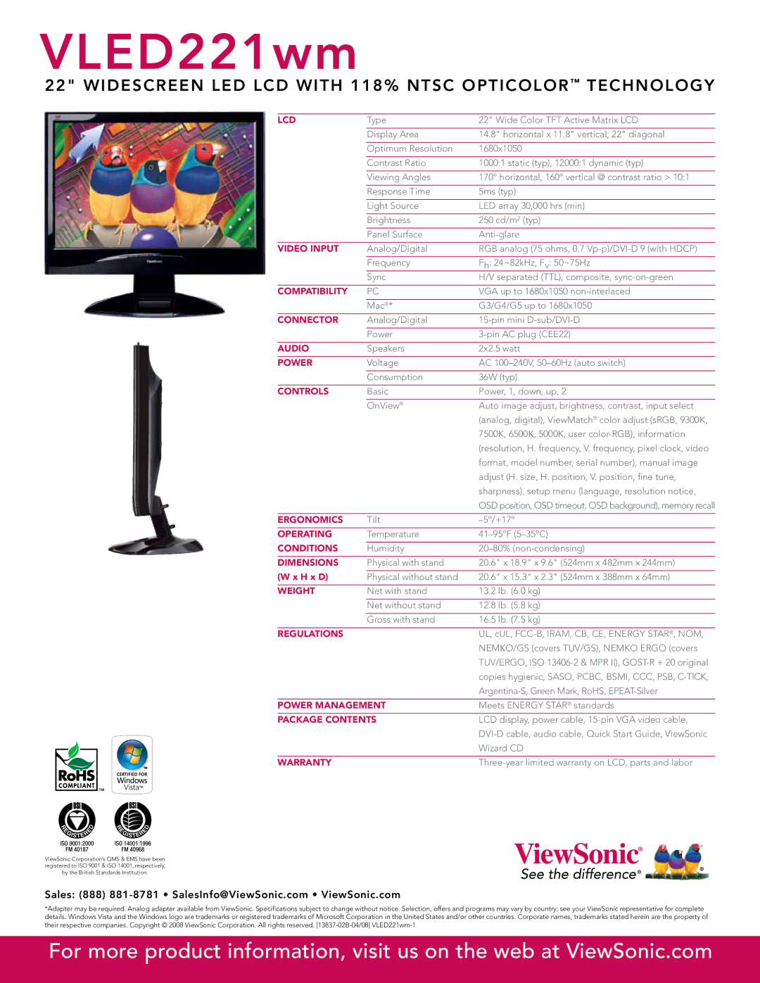 ViewSonic VLED221WM Lcd, Video Input, Compatibility, Connector, Audio, Power, Controls, Ergonomics, Operating, Conditions 