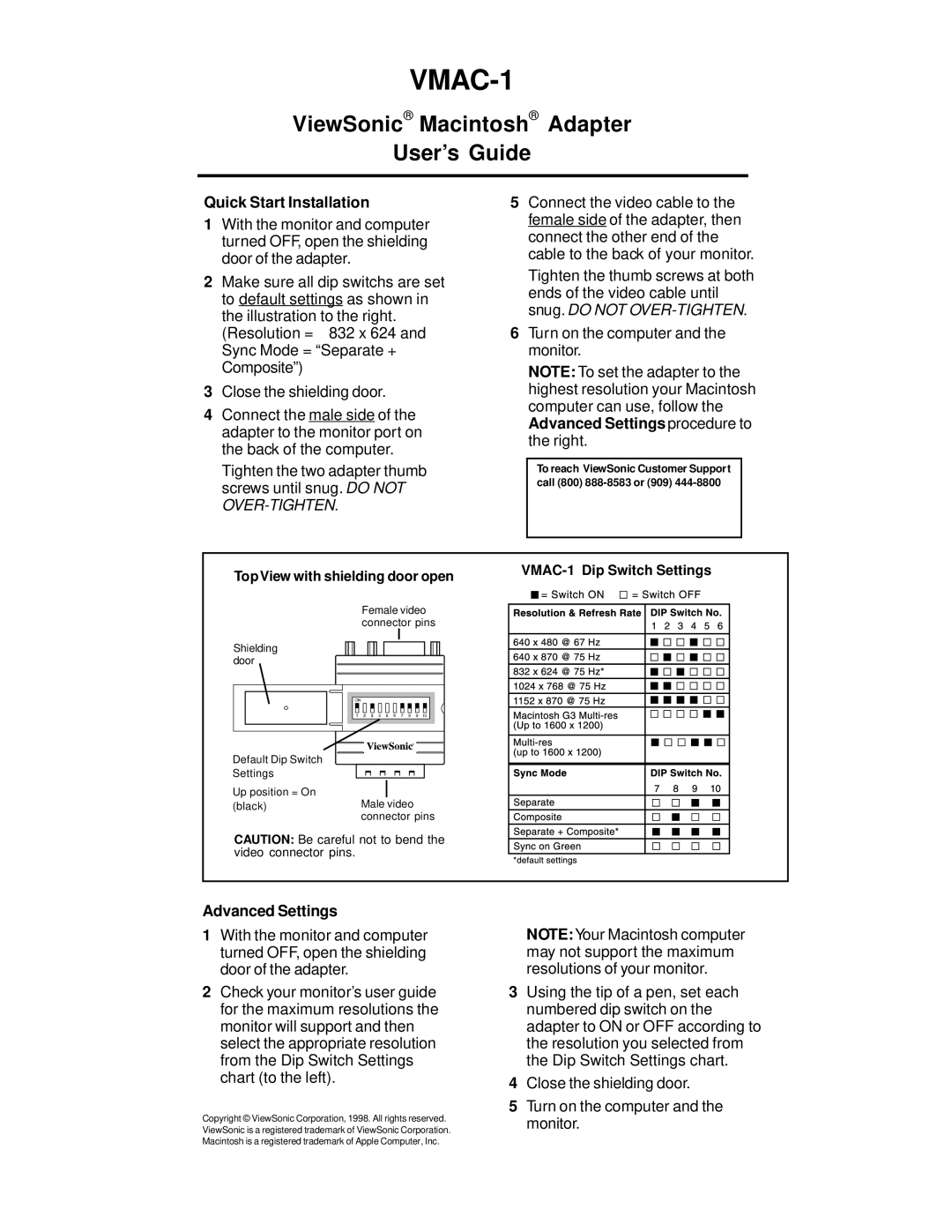 ViewSonic VMAC-1 quick start ViewSonic Macintosh Adapter User’s Guide, Quick Start Installation, Advanced Settings 