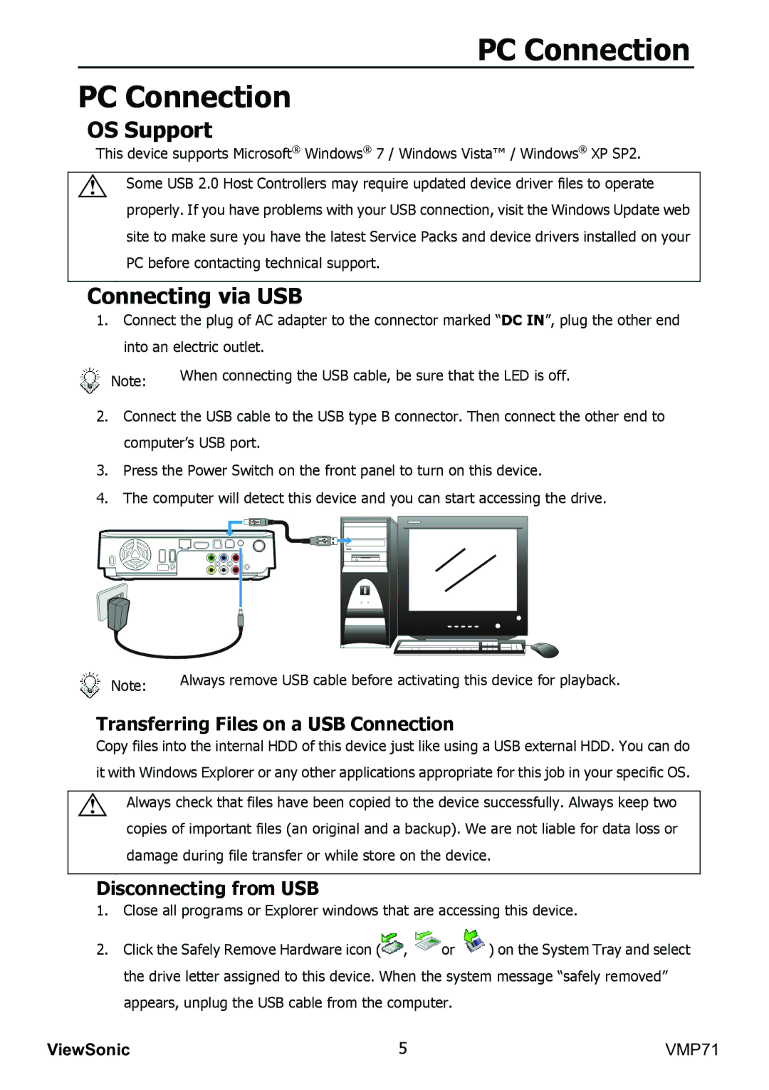 ViewSonic VMP71 manual PC Connection, OS Support, Connecting via USB, Transferring Files on a USB Connection 