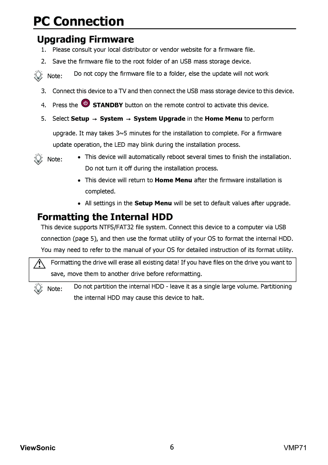 ViewSonic VMP71 manual Upgrading Firmware, Formatting the Internal HDD 