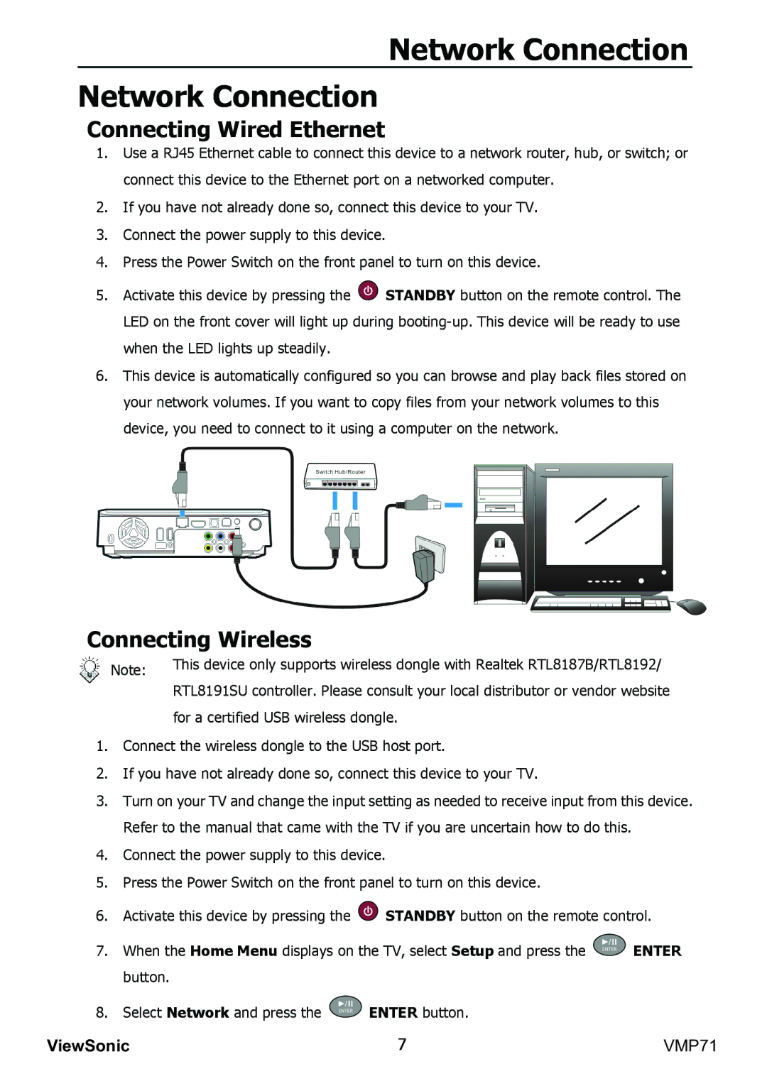 ViewSonic VMP71 manual Network Connection, Connecting Wired Ethernet, Connecting Wireless 