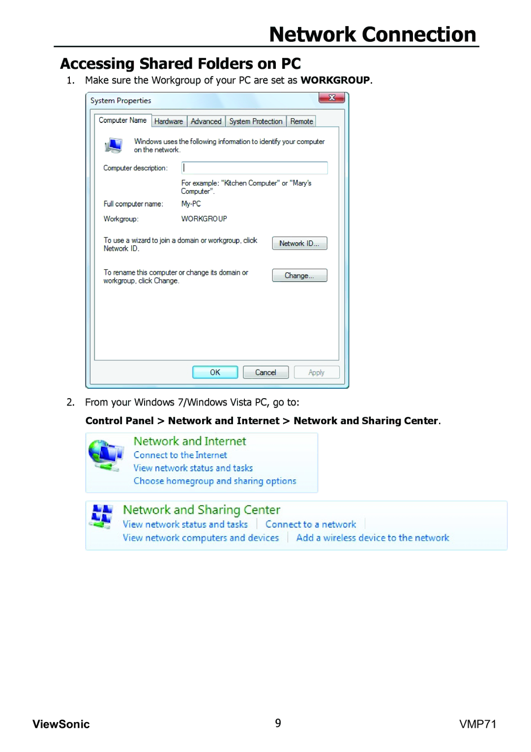 ViewSonic VMP71 manual Accessing Shared Folders on PC 