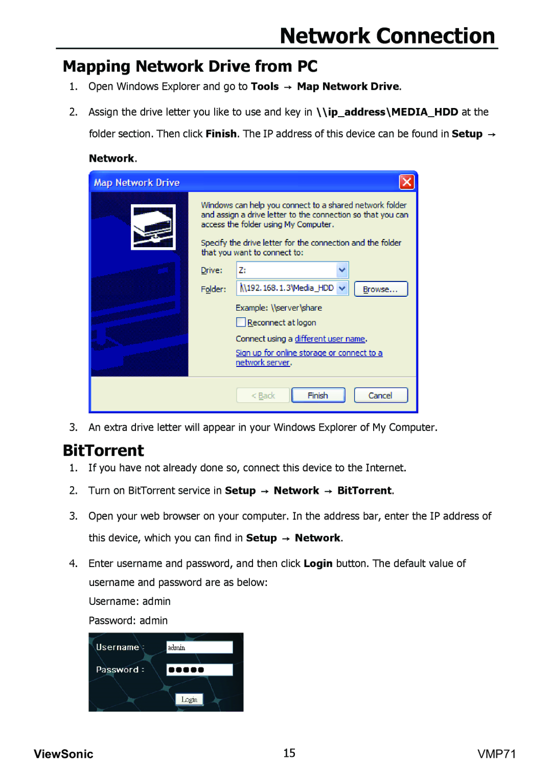 ViewSonic VMP71 manual Mapping Network Drive from PC, BitTorrent 