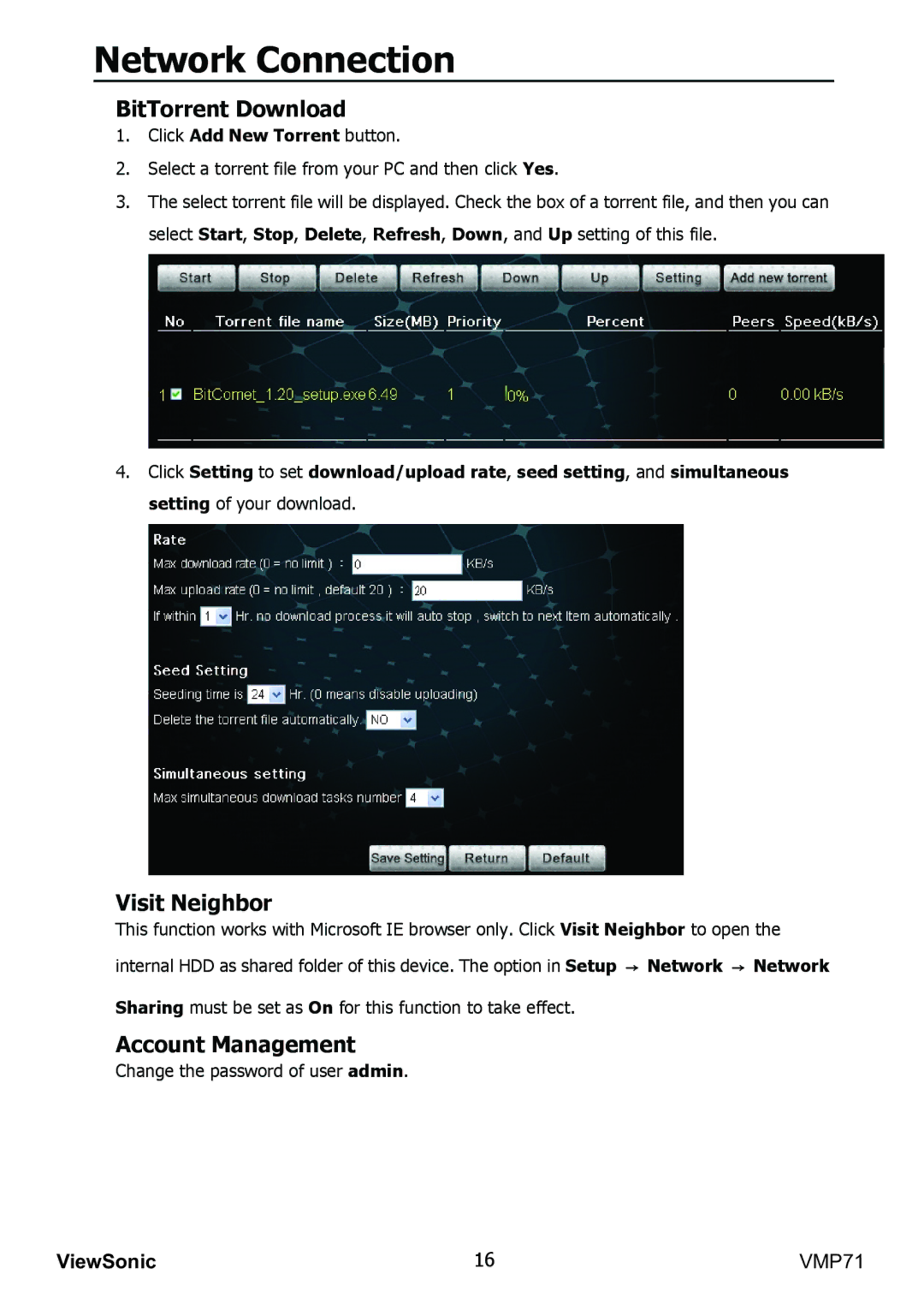 ViewSonic VMP71 manual BitTorrent Download, Visit Neighbor, Account Management 