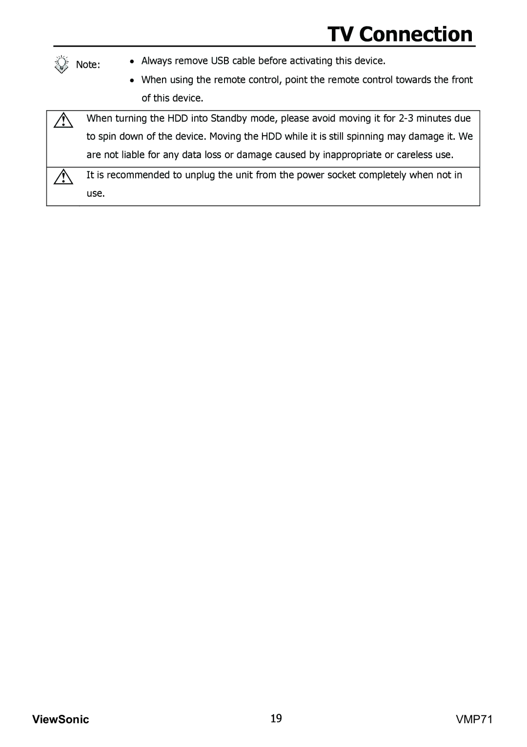 ViewSonic VMP71 manual Always remove USB cable before activating this device 