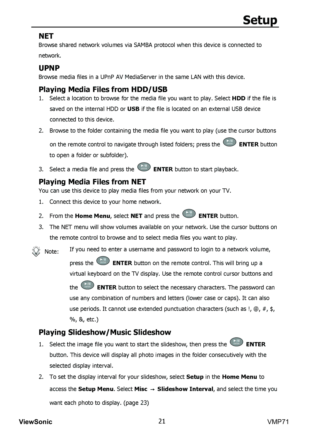 ViewSonic VMP71 Setup, Playing Media Files from HDD/USB, Playing Media Files from NET, Playing Slideshow/Music Slideshow 