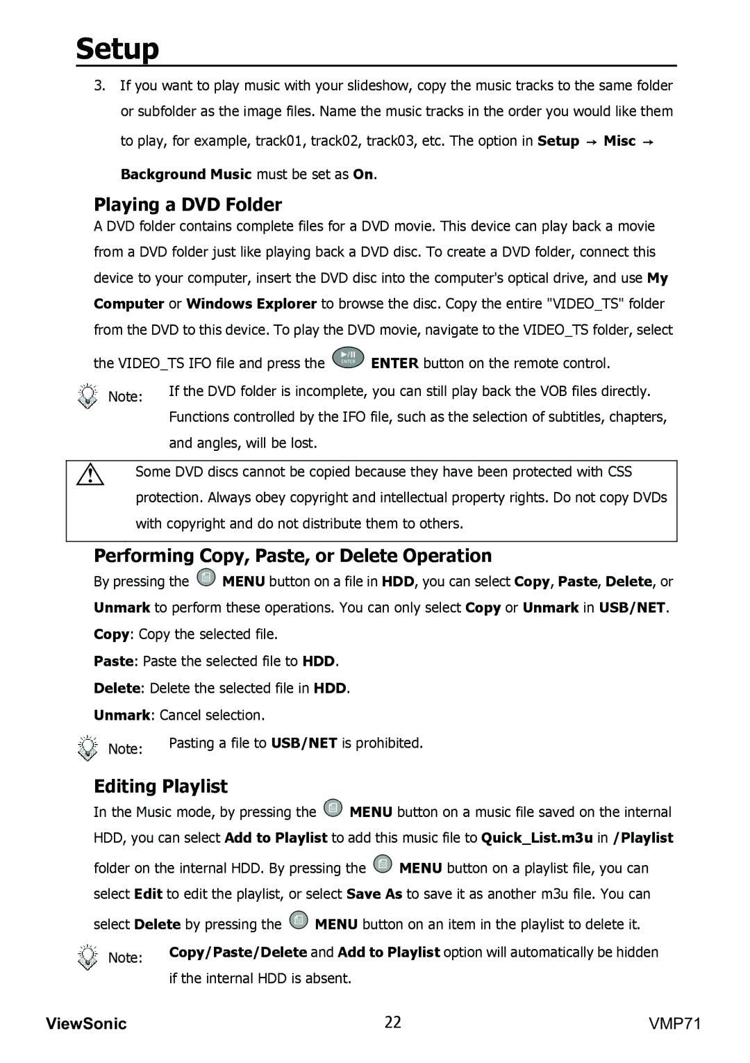 ViewSonic VMP71 manual Playing a DVD Folder, Performing Copy, Paste, or Delete Operation, Editing Playlist 