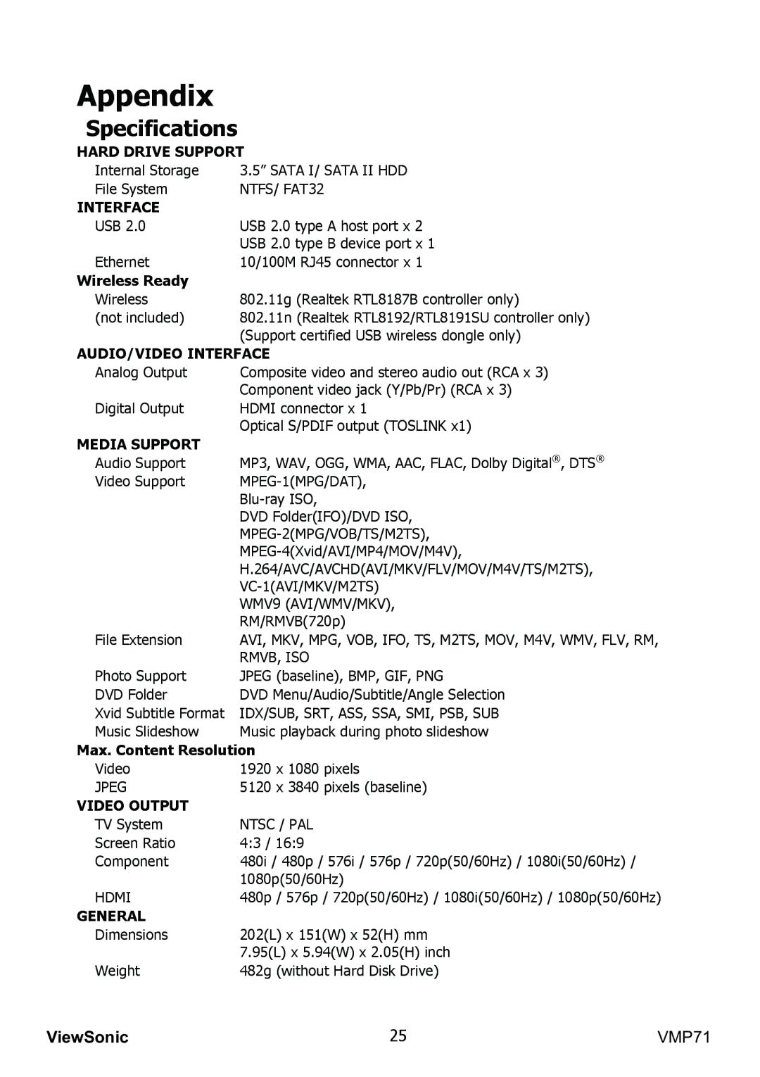 ViewSonic VMP71 manual Appendix, Specifications 