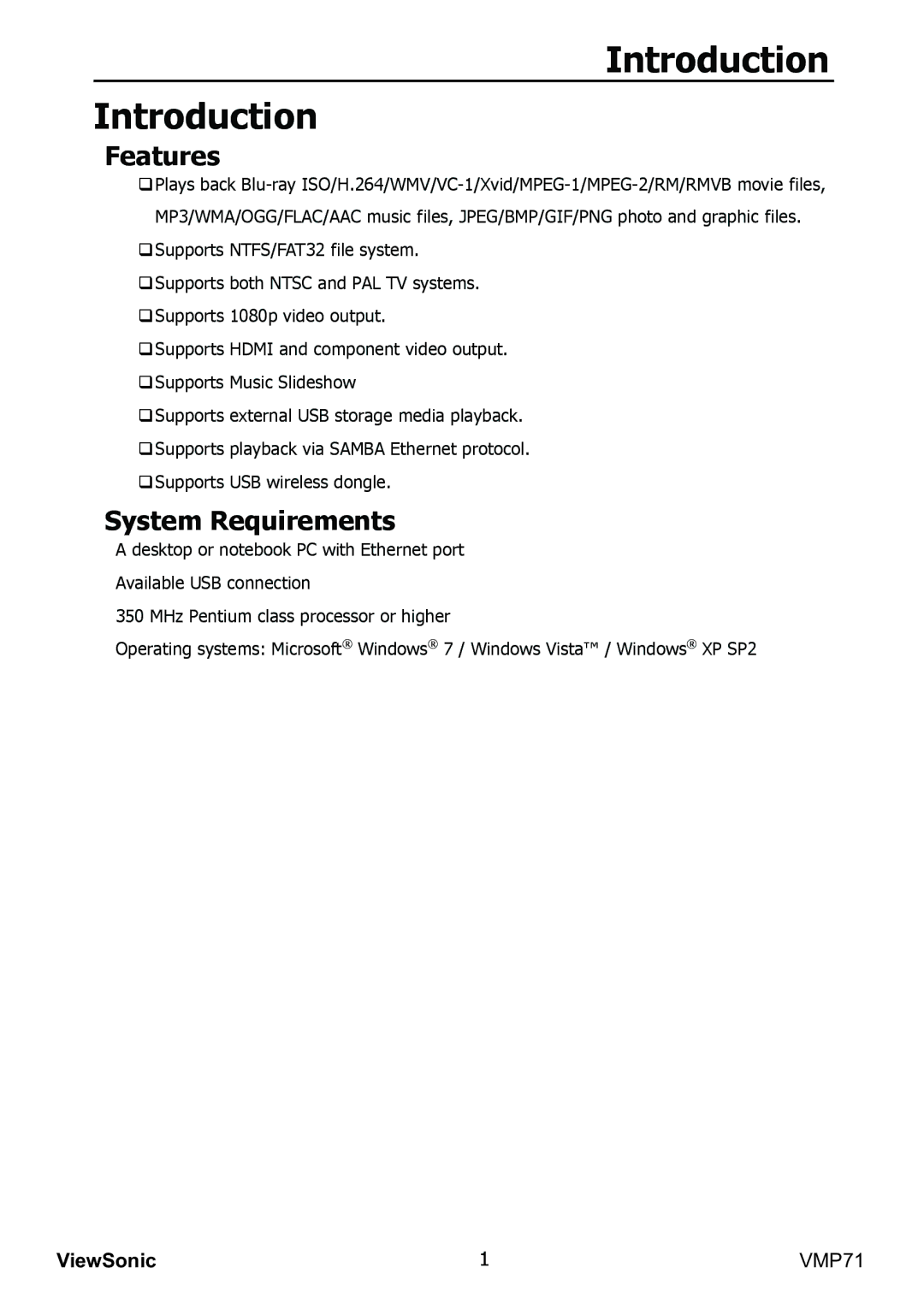 ViewSonic VMP71 manual Introduction, Features, System Requirements 