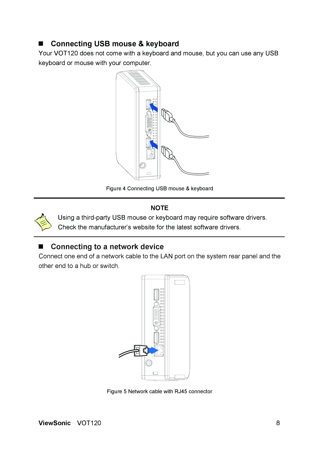 ViewSonic VOT120 manual „ Connecting USB mouse & keyboard, „ Connecting to a network device 