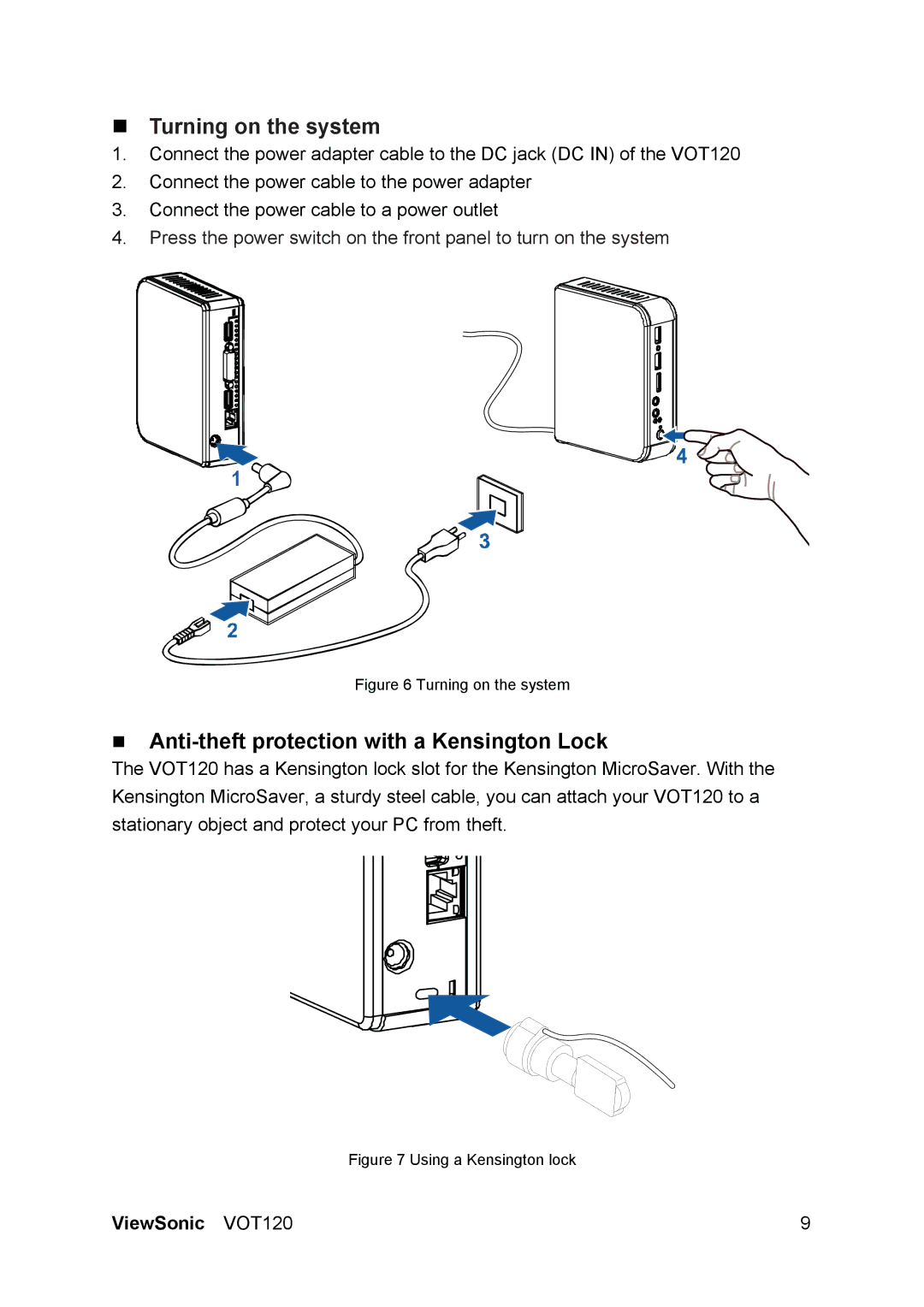 ViewSonic VOT120 manual „ Turning on the system, „ Anti-theft protection with a Kensington Lock 