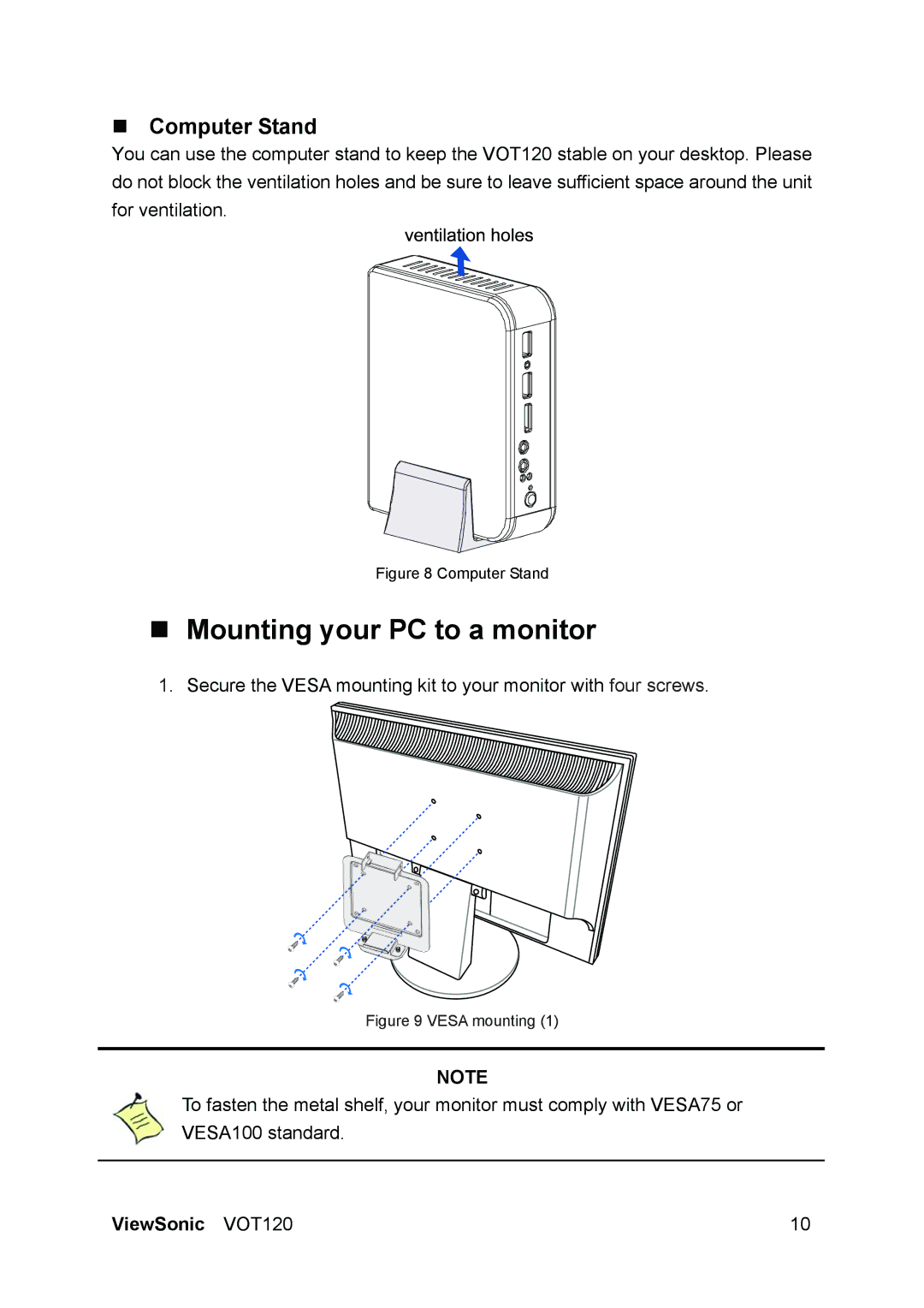 ViewSonic VOT120 manual „ Mounting your PC to a monitor, „ Computer Stand 