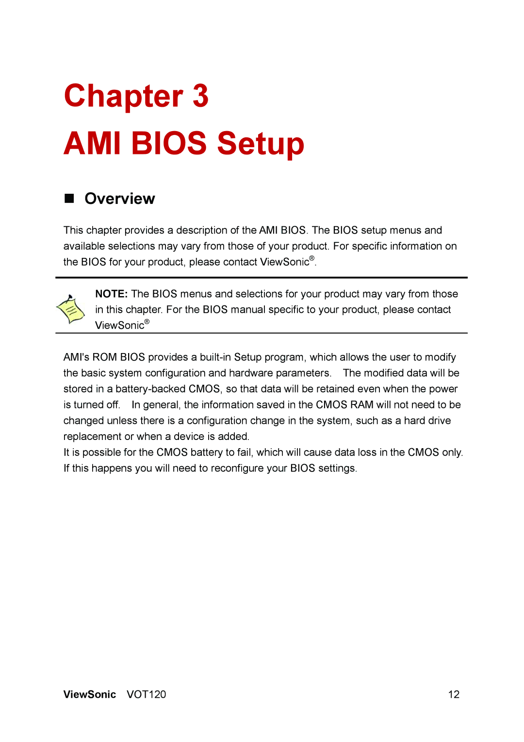 ViewSonic VOT120 manual Chapter AMI Bios Setup 