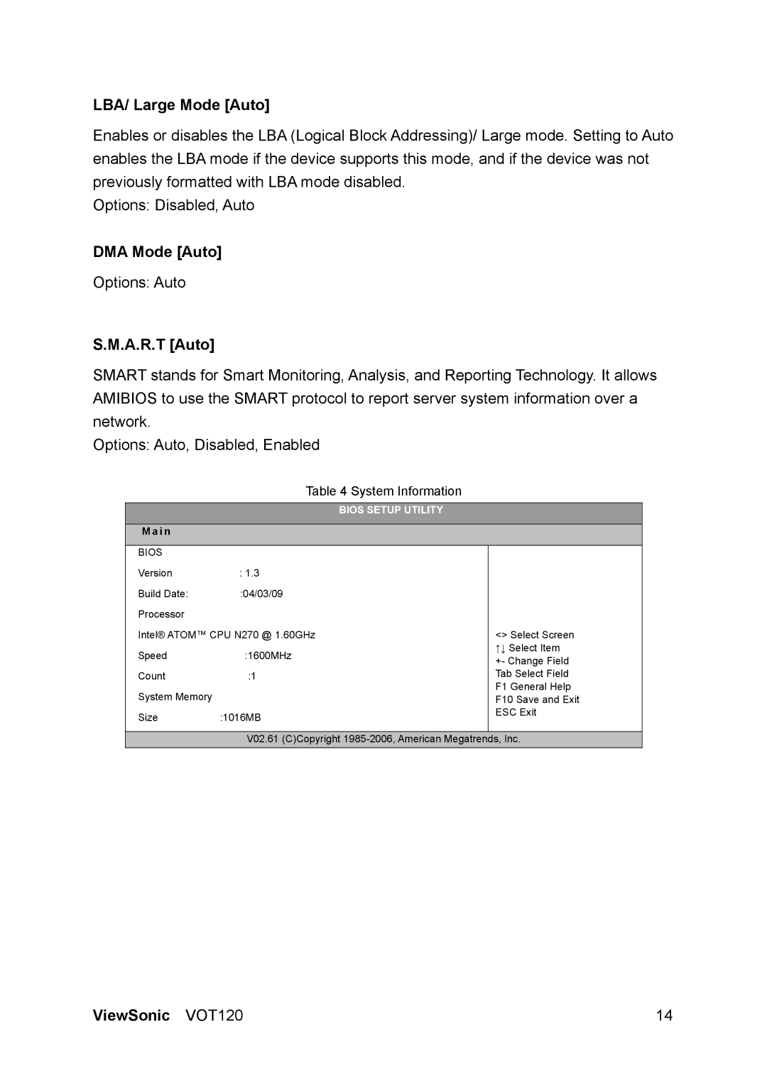 ViewSonic VOT120 manual LBA/ Large Mode Auto, DMA Mode Auto, A.R.T Auto, System Information 