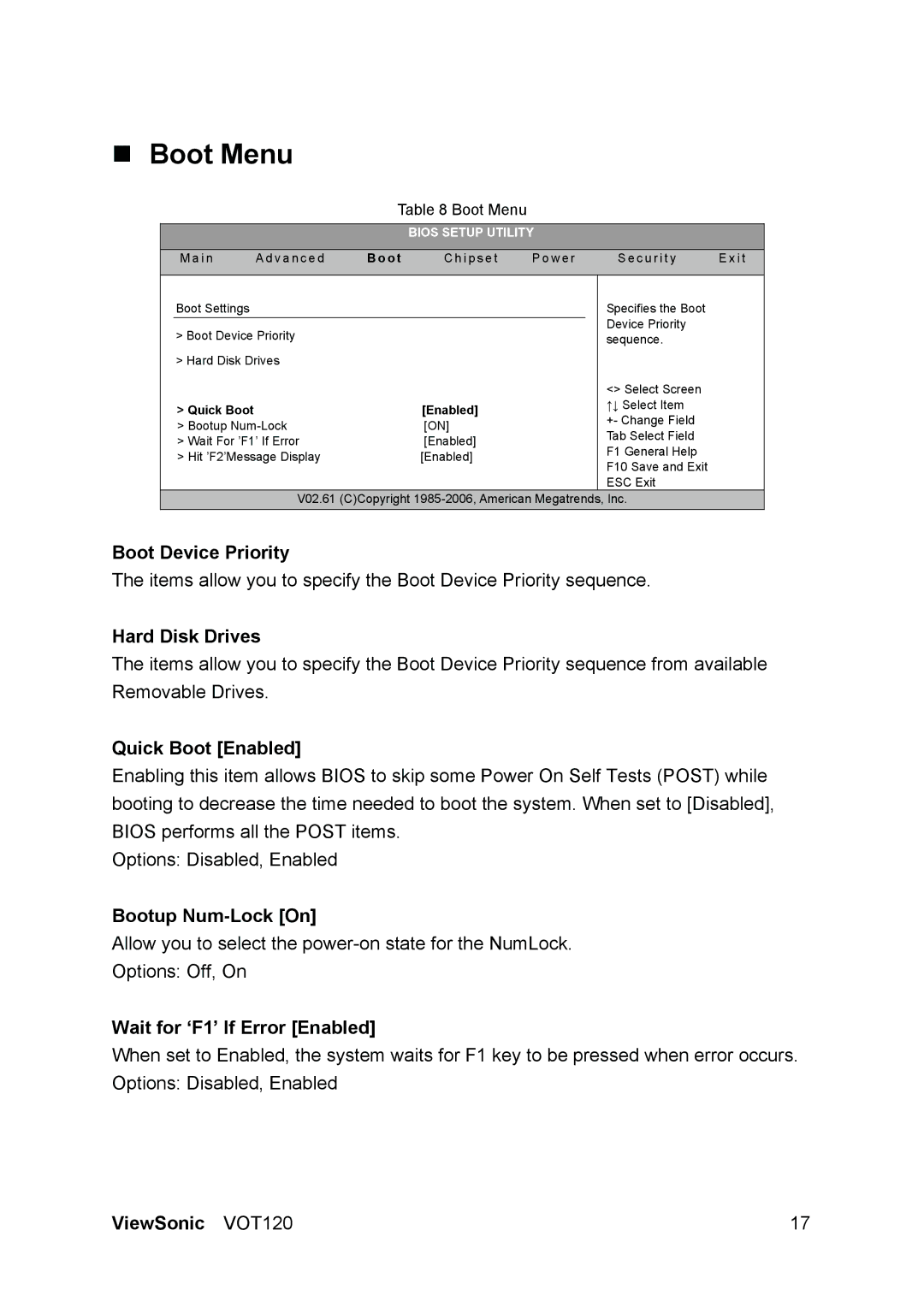 ViewSonic VOT120 manual „ Boot Menu 