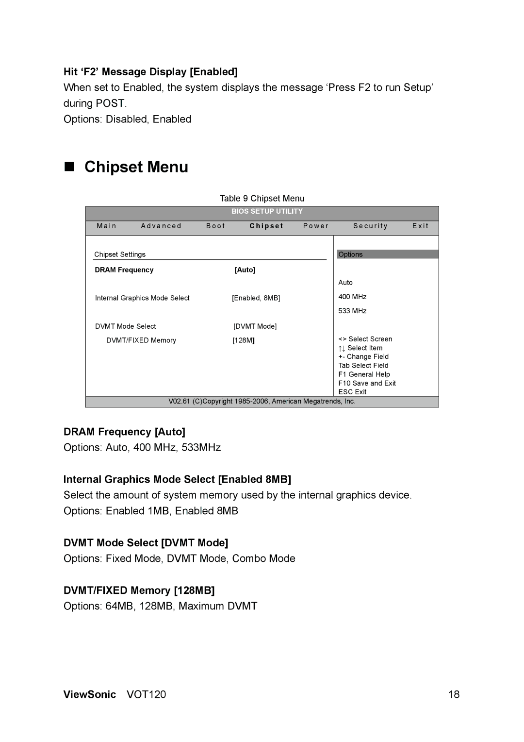 ViewSonic VOT120 manual „ Chipset Menu 