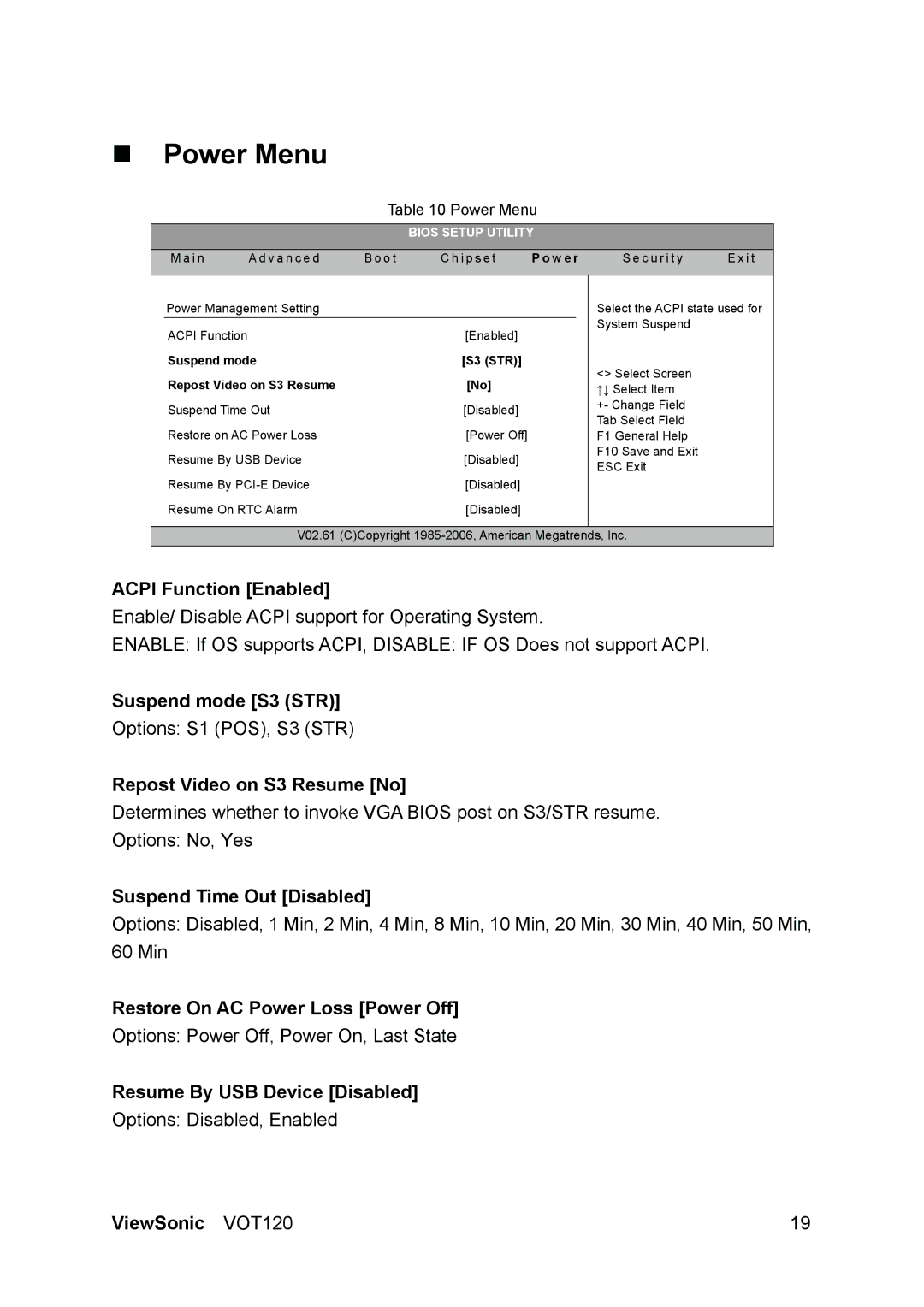 ViewSonic VOT120 manual „ Power Menu 