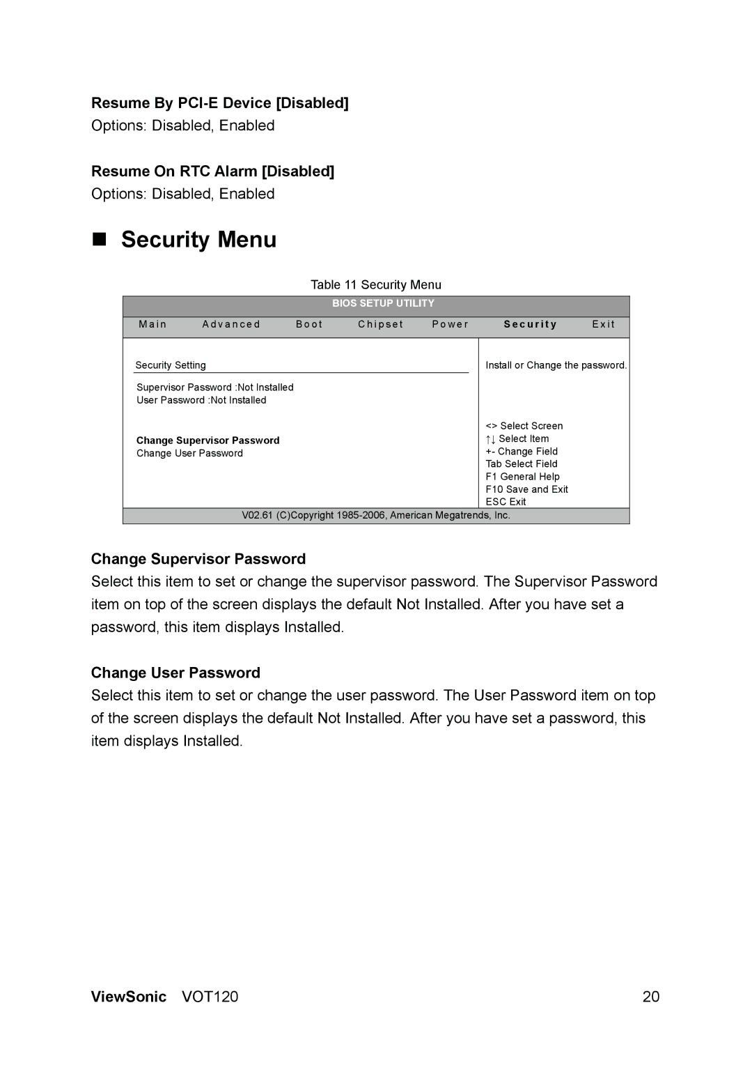 ViewSonic VOT120 „ Security Menu, Resume By PCI-E Device Disabled, Resume On RTC Alarm Disabled, Change User Password 