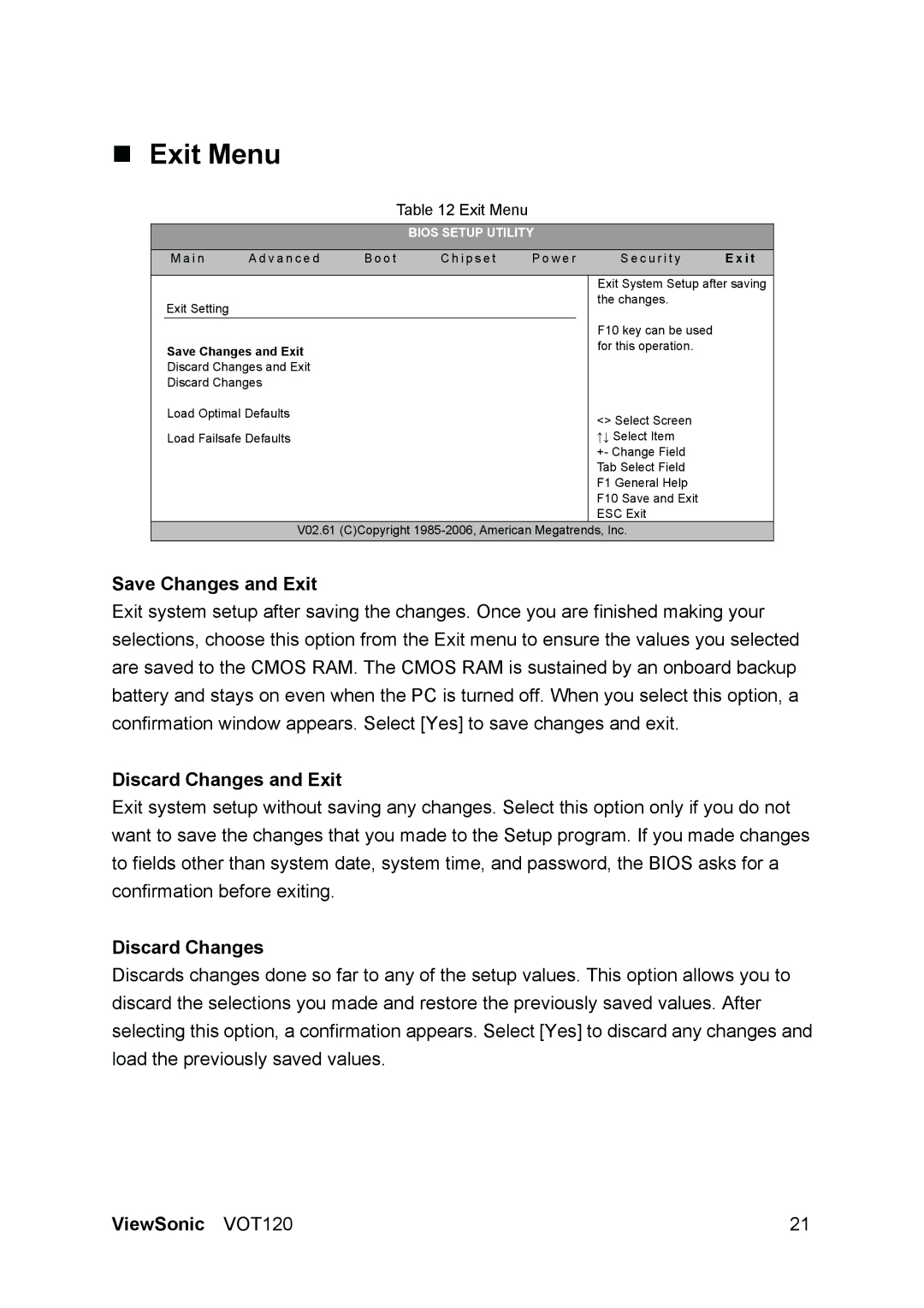 ViewSonic VOT120 manual „ Exit Menu, Save Changes and Exit, Discard Changes and Exit 