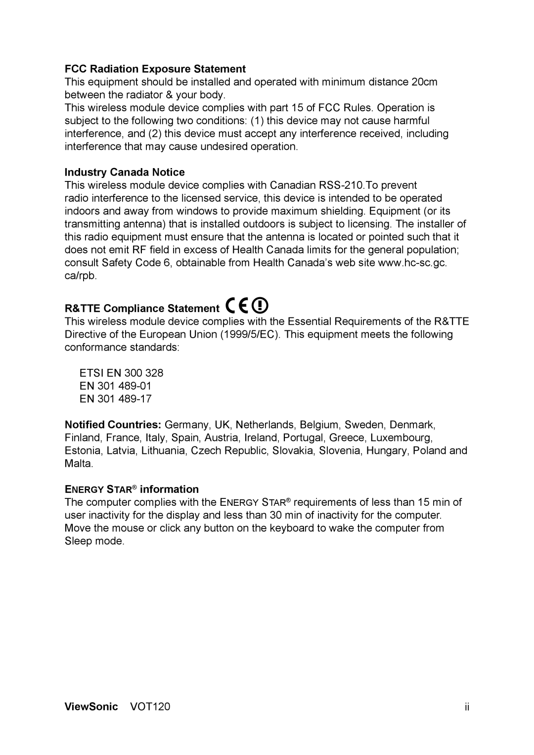 ViewSonic VOT120 manual FCC Radiation Exposure Statement, Industry Canada Notice TTE Compliance Statement 