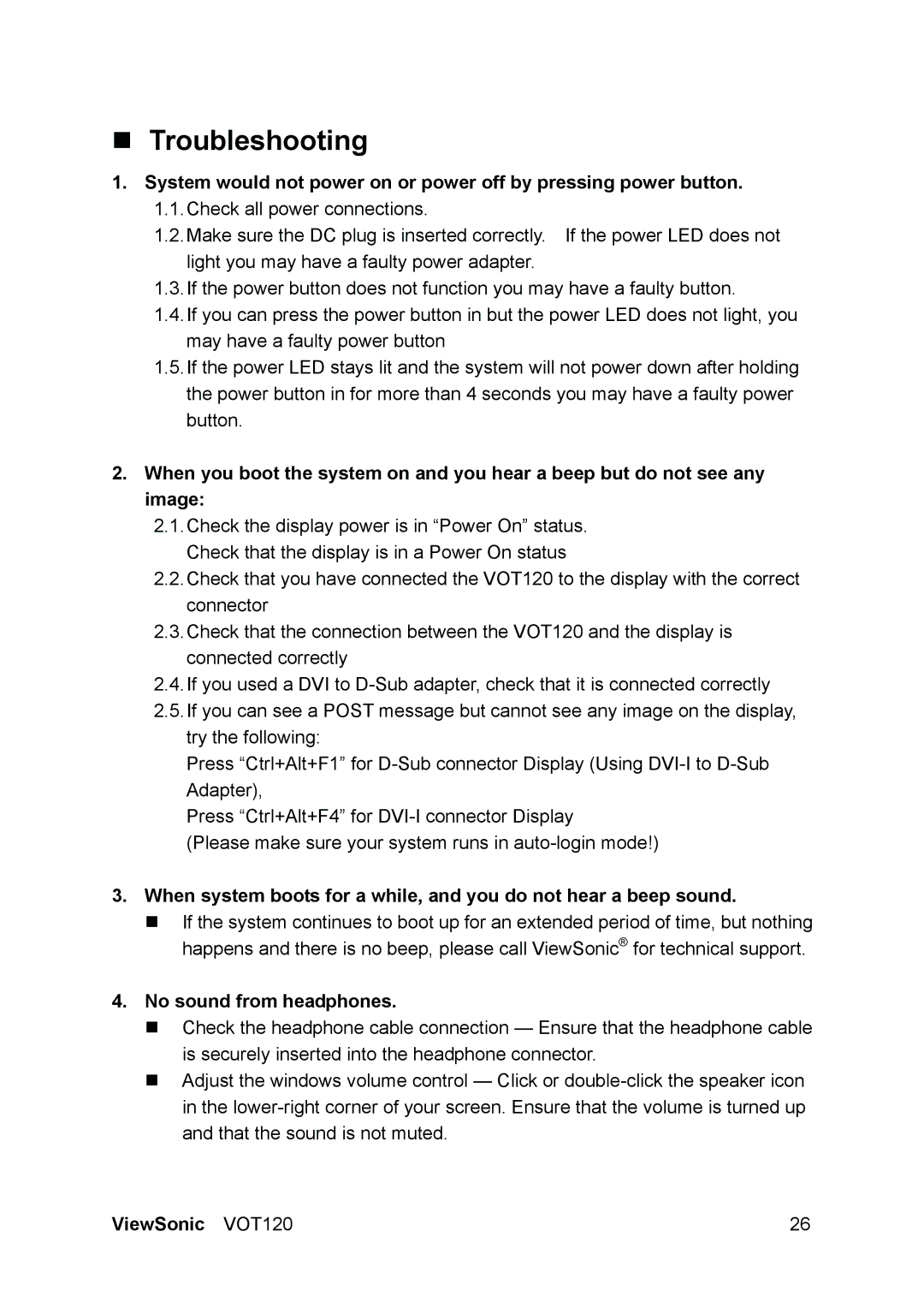 ViewSonic VOT120 manual „ Troubleshooting, No sound from headphones 