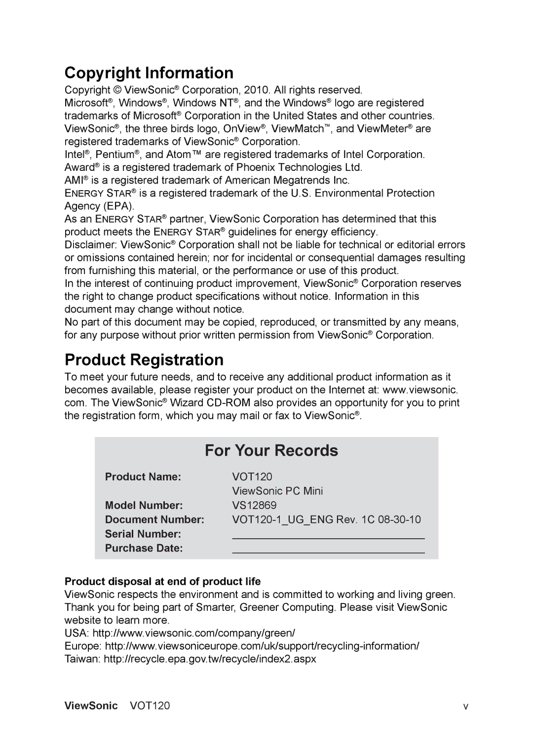 ViewSonic VOT120 manual Copyright Information, Product Registration For Your Records, Product Name, Model Number 