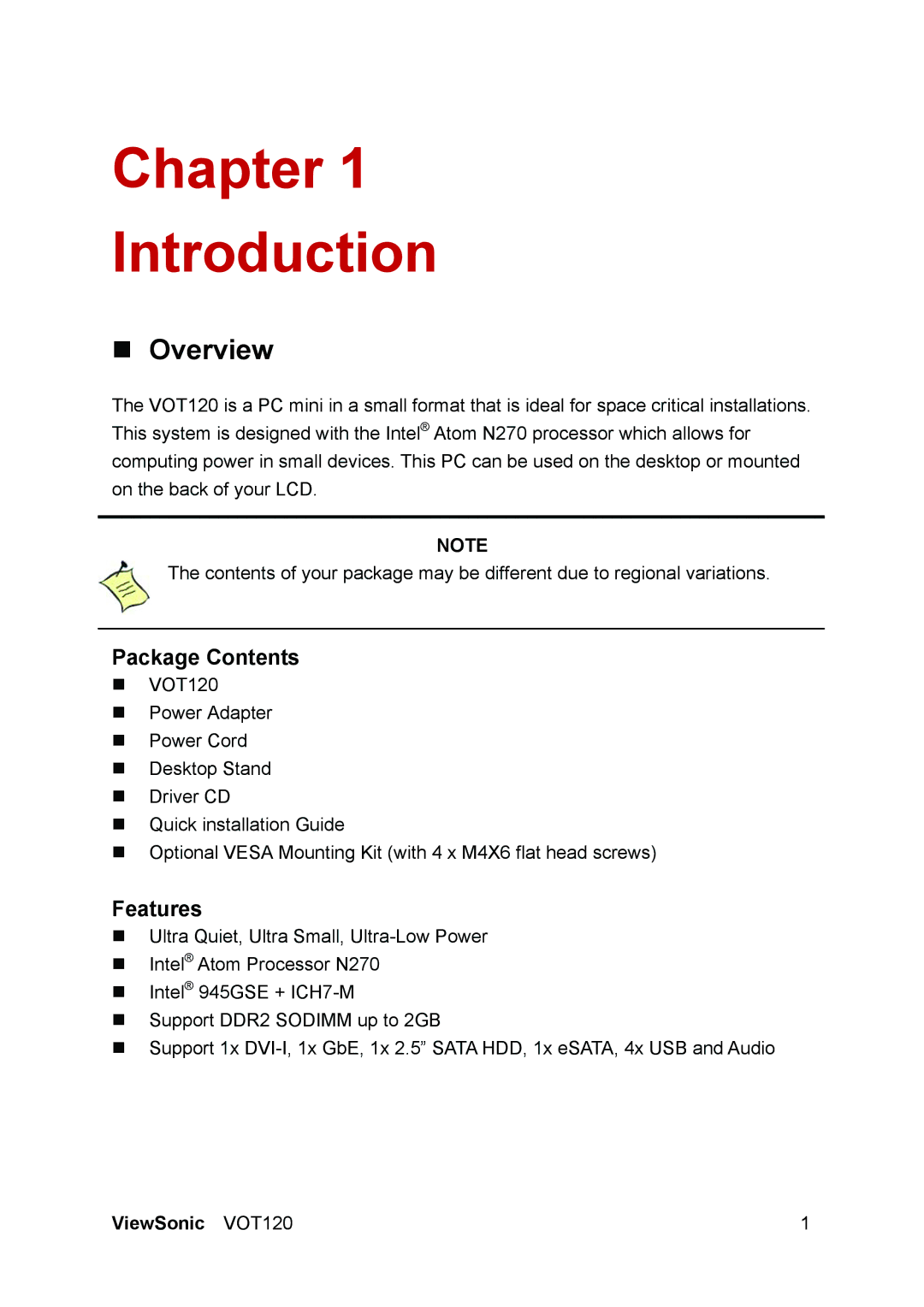 ViewSonic VOT120 manual „ Overview, Package Contents, Features 