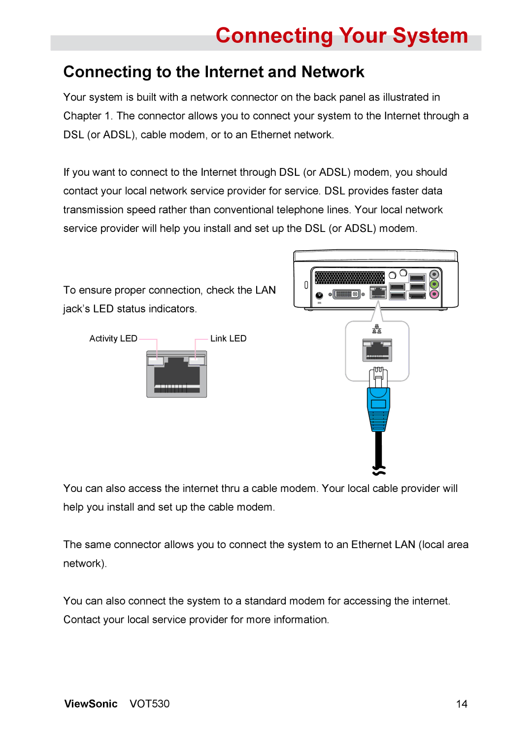 ViewSonic VOT530 manual Connecting to the Internet and Network 