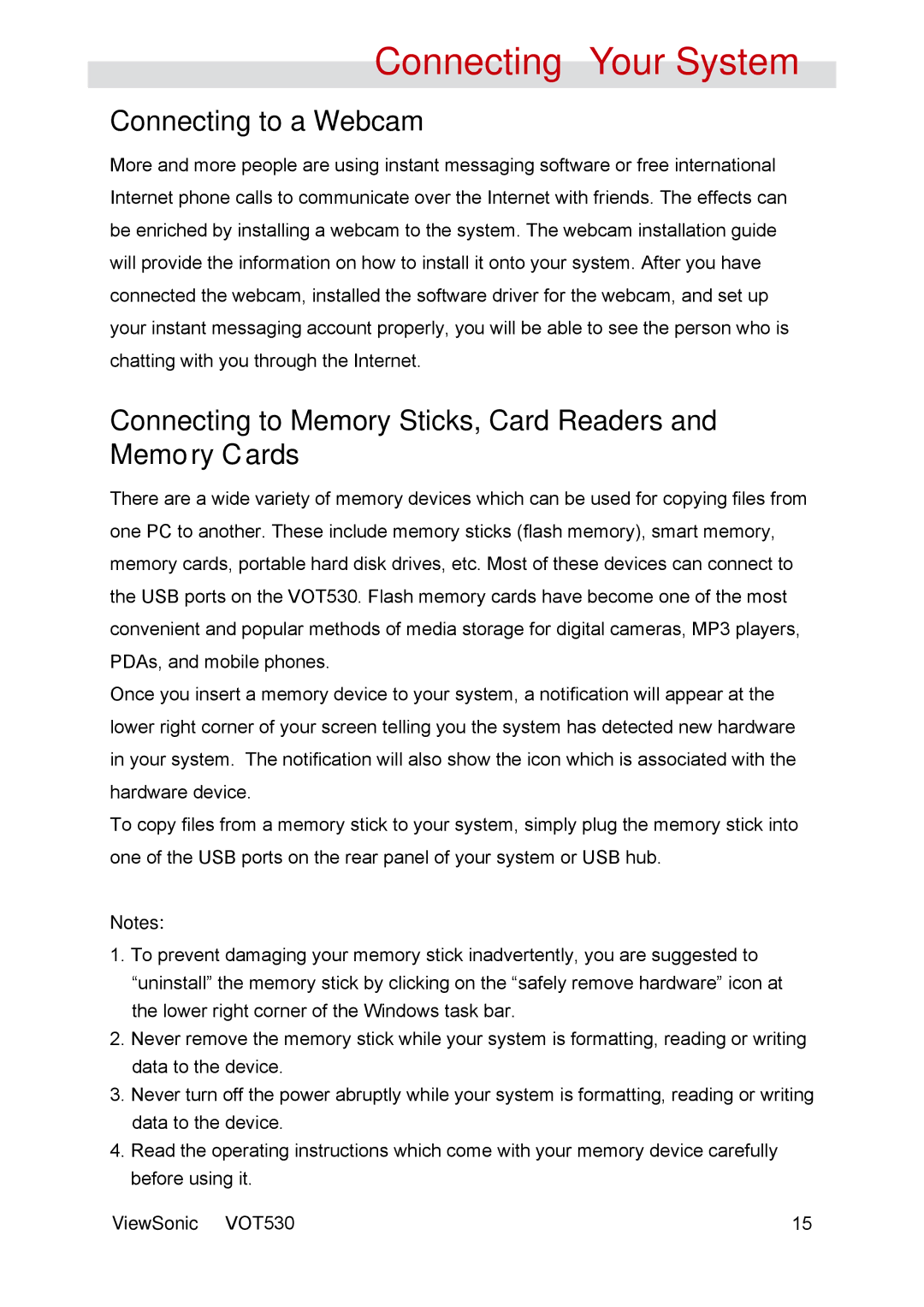 ViewSonic VOT530 manual Connecting to a Webcam, Connecting to Memory Sticks, Card Readers and Memory Cards 