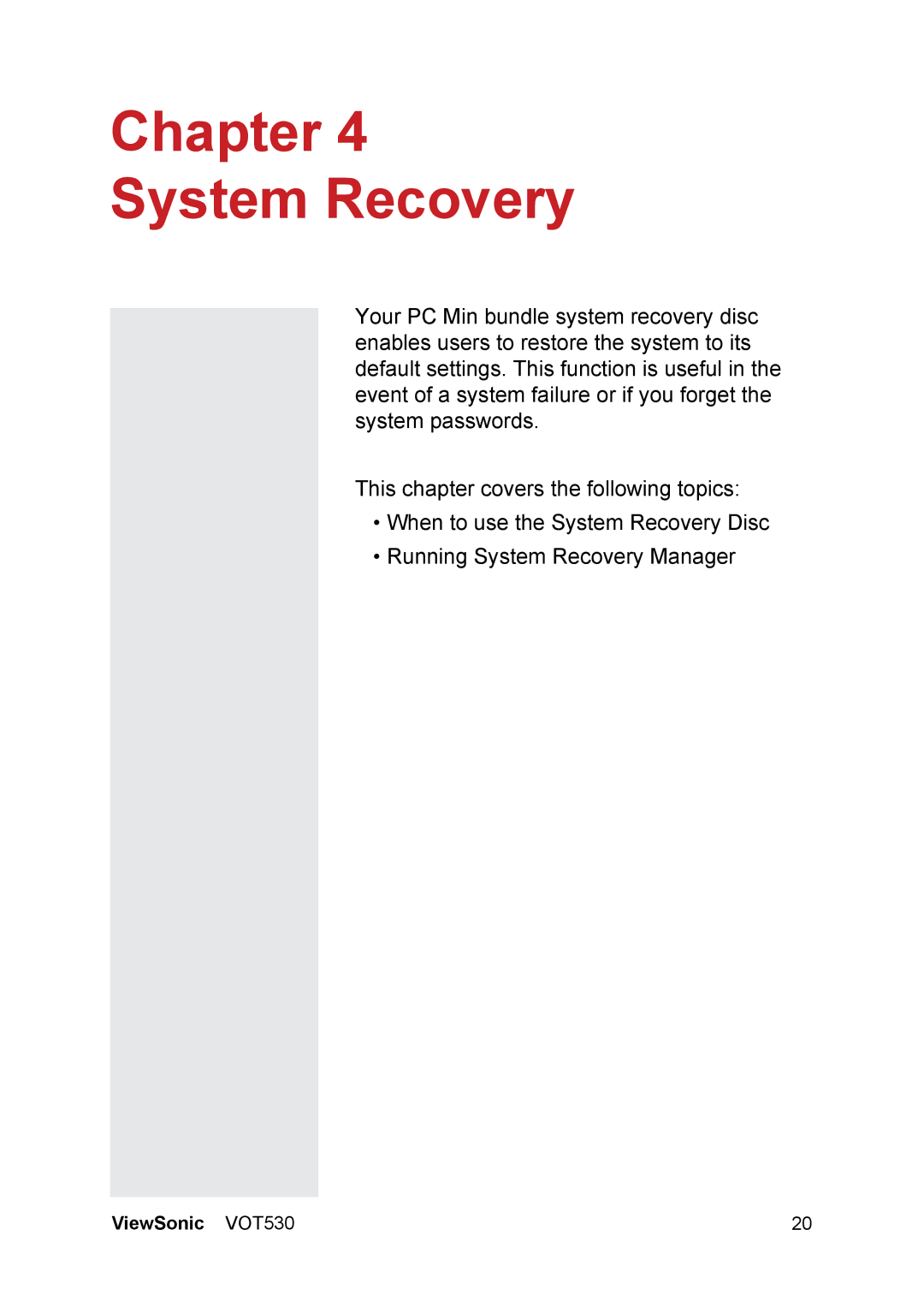 ViewSonic VOT530 manual Chapter System Recovery 