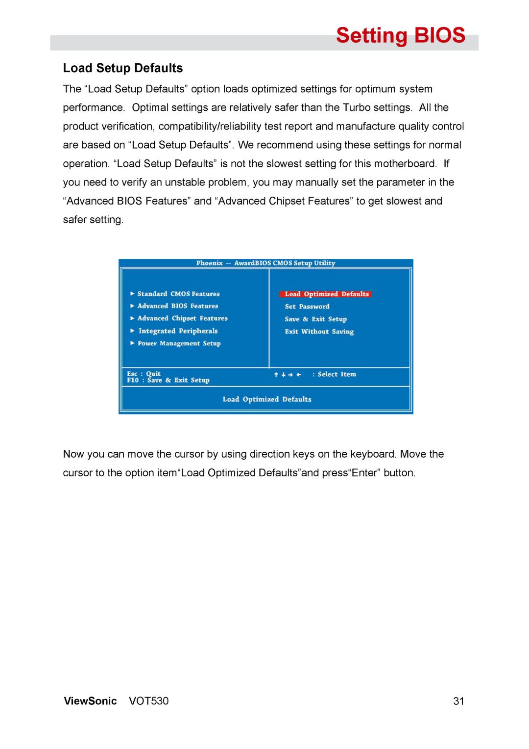 ViewSonic VOT530 manual Load Setup Defaults 