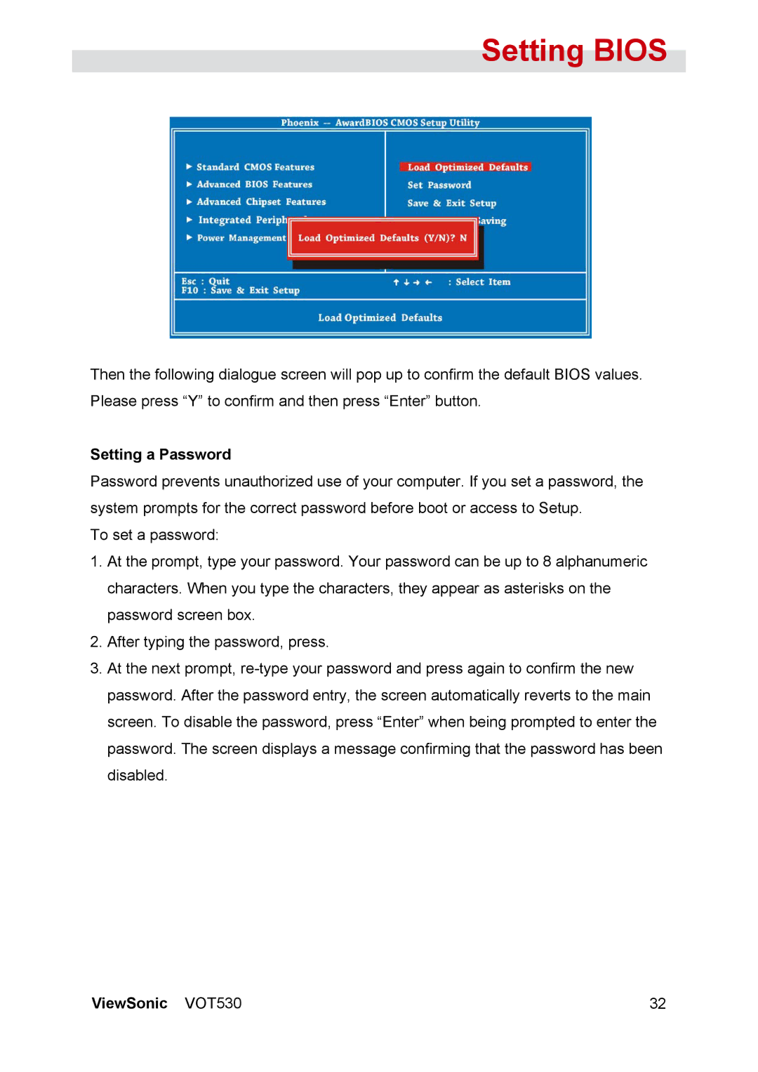 ViewSonic VOT530 manual Setting a Password 