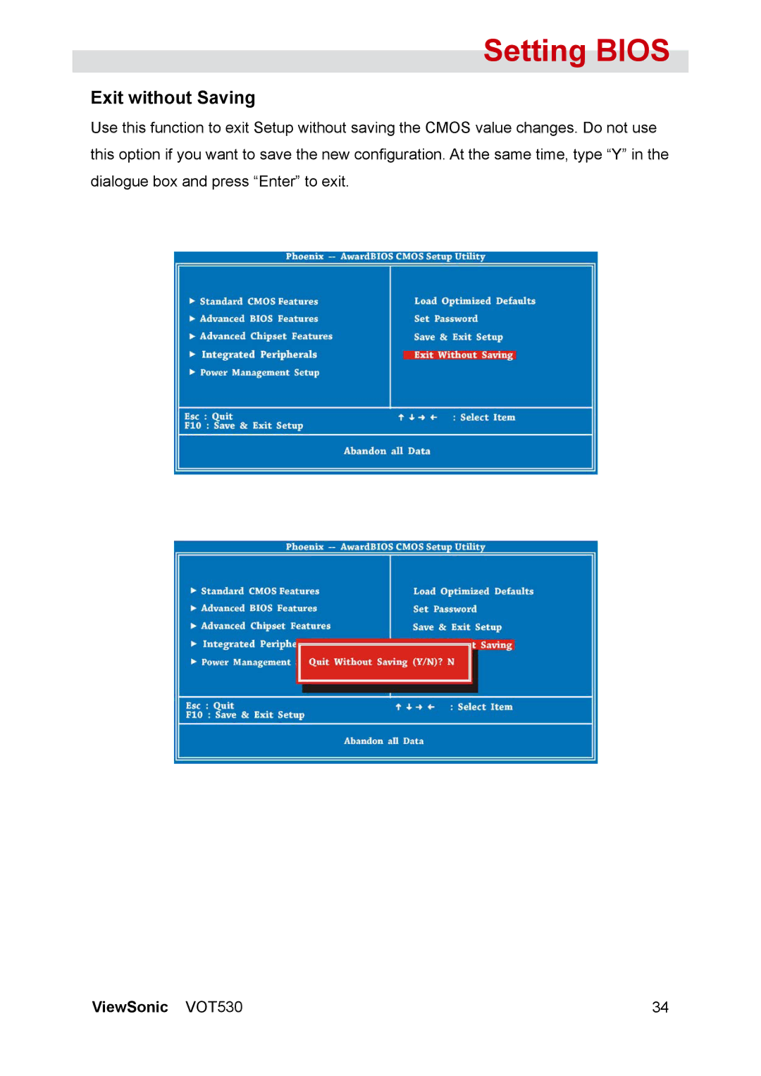 ViewSonic VOT530 manual Exit without Saving 