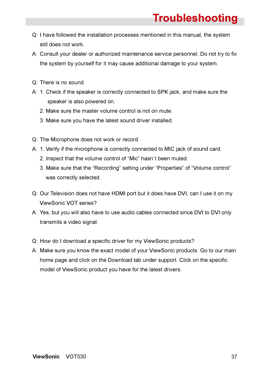 ViewSonic VOT530 manual Troubleshooting 