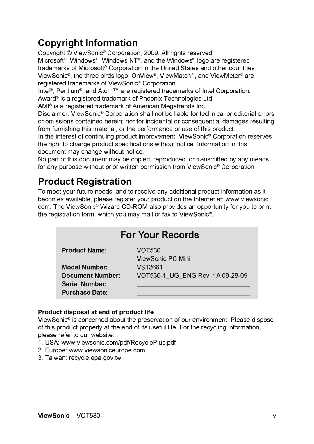 ViewSonic VOT530 manual Copyright Information, Product Registration For Your Records 