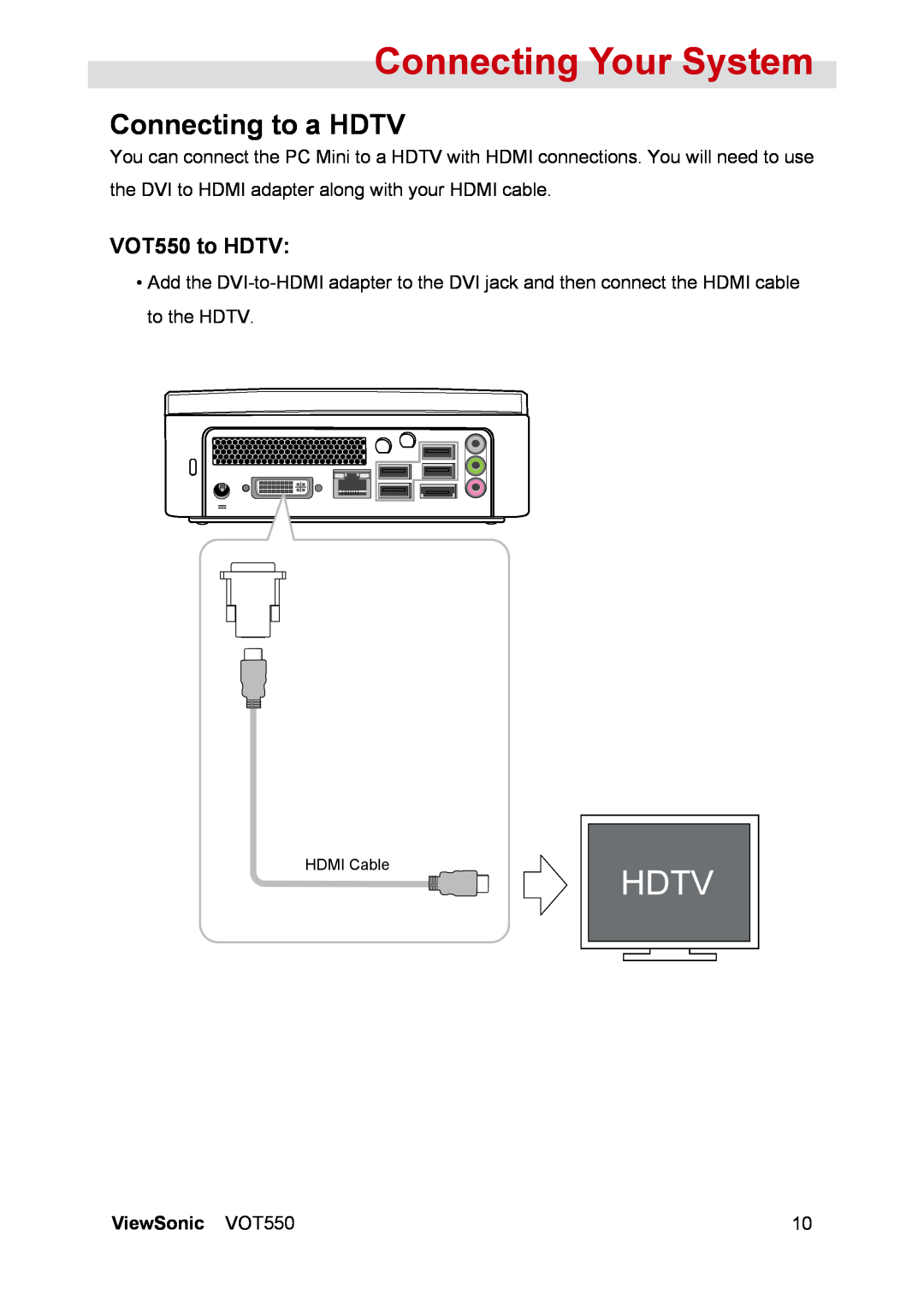 ViewSonic manual Connecting to a HDTV, VOT550 to HDTV, Connecting Your System, Hdtv, ViewSonic VOT550 