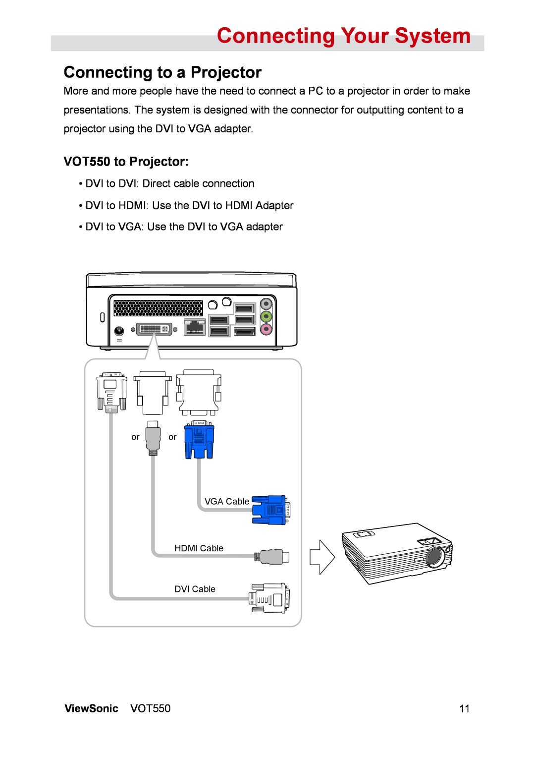 ViewSonic manual Connecting to a Projector, VOT550 to Projector, Connecting Your System, ViewSonic VOT550 