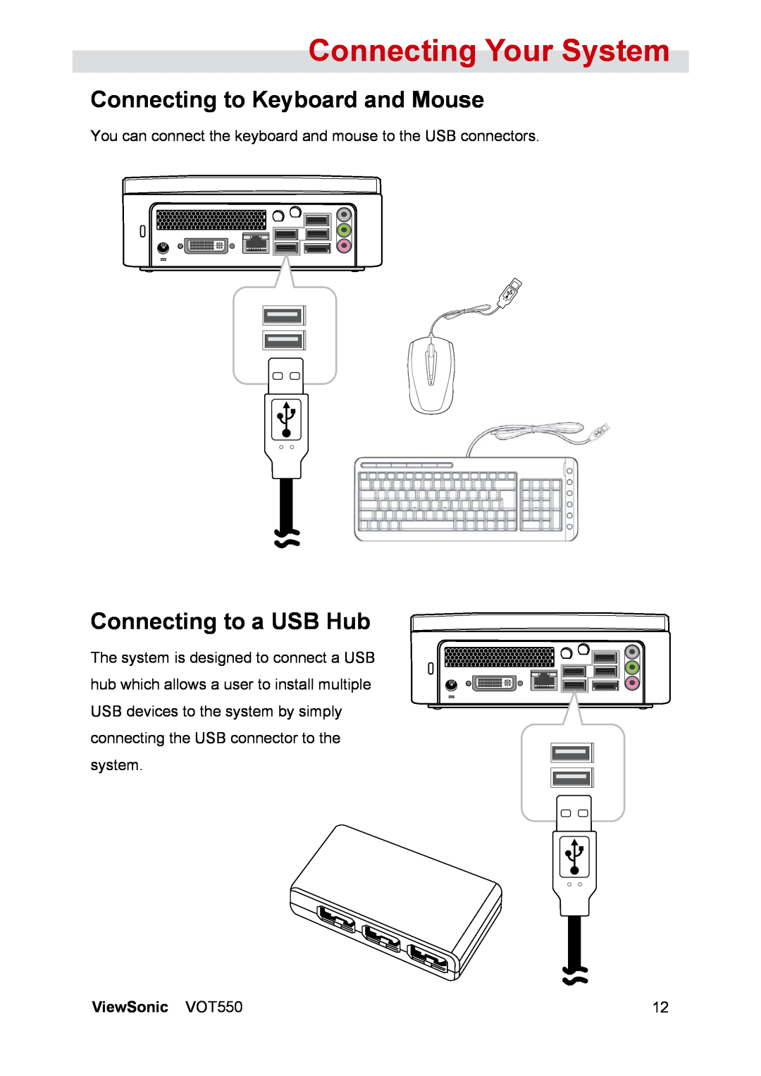 ViewSonic manual Connecting to Keyboard and Mouse, Connecting to a USB Hub, Connecting Your System, ViewSonic VOT550 